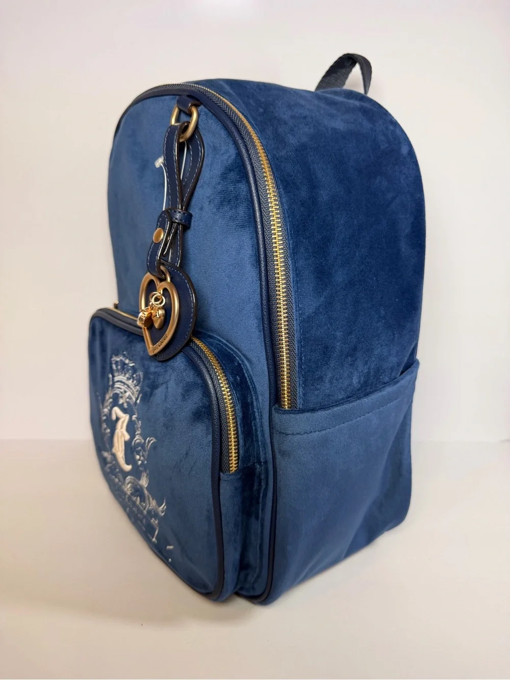 Juicy Couture Deep Blue Velvet Backpack with Heart Charm